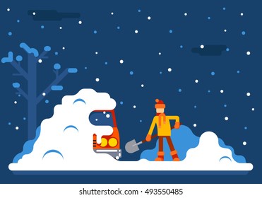 Winter Man Digs Car Out Of Snow Background Flat Design Vector Illustration