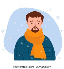 Hombre de invierno con bigote y barba con bufanda en el fondo de copos de nieve. Ilustración vectorial. Carácter plano para diseño, decoración, postales e impresión