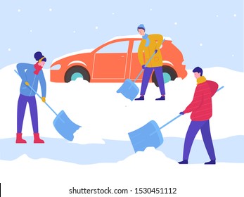 Winter Man and Woman Clean Car out of Snow, Remove Ice with Shovels, Cleaning Backyard Area. People Characters in Winter activities Concept Design. Flat Cartoon Vector Illustration