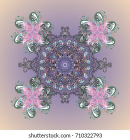 Winter mandala. Snowflake isolated on gray, lilac, pink background. Snowflake Vector illustration. Snowflake Icon.