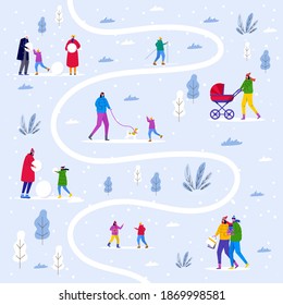 Winter map with city park, parents walk with children and have fun outdoor. People make snowman and in the forest. Vector template for invitation card, flyer design, postcard, holiday background