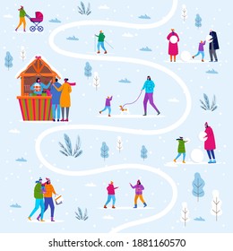 Winter map with city park, parents walk with children and have fun outdoor. People make snowman and in the forest. Vector template for invitation card, flyer design, postcard, holiday background