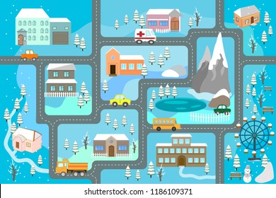 Winter сartoon map seamless pattern (roads, cars and houses). City map for children. Snowy city landscape, car track -  play mat. 