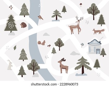 Winter map snowy scene outdoor landscape with village forest wildlife. Cozy house in forest, river, Christmas trees, animals deer, moose, fox, squirrel, hare, hedgehog. Vector illustration flat style