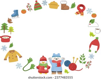 Winter material and illustration frame material of white bear and penguin