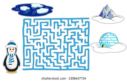 winter maze for children with penguin, igloo, mountains and snow. 