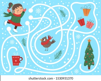 Winter maze for children. Preschool Christmas activity. New Year puzzle game with skating girl, presents, bird, mug. Help the girl get to the Christmas tree