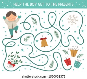 Winter maze for children. Preschool Christmas activity. New Year puzzle game with boy, presents, bell, mistletoe, snowflake. Help the boy get to the presents