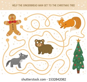 Winter maze for children. Preschool Christmas activity. New Year puzzle game with fairytale character, fox, bear, wolf. Help the gingerbread man get to the Christmas tree