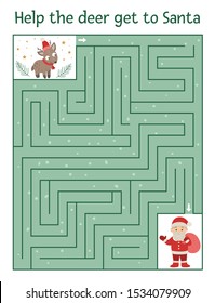 Winter maze for children. Preschool Christmas activity. New Year puzzle game with reindeer and Santa Claus. Help the deer get to Santa.