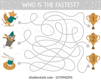 Winter maze for children. Preschool Christmas activity. New Year puzzle game with cute animals with skates, tube, skis. Who is faster to get to the cup