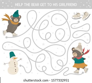 Winter maze for children. Preschool Christmas activity. New Year puzzle game with cute skating animal, skates, snowman. Help the bear get to his girlfriend
