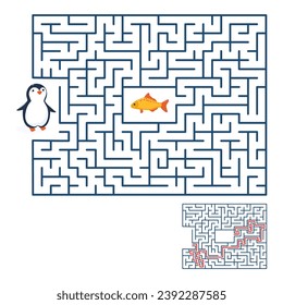 Juego de laberinto de invierno para niños. Maze con una solución. Rectangular laberinto. Ayudar al pingüino a llegar al pez