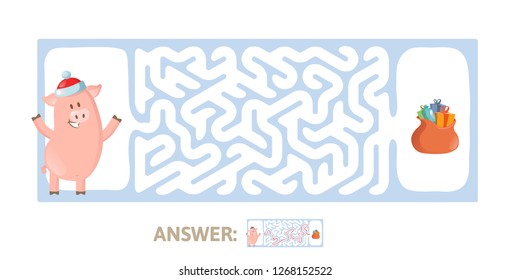 Winter Maze Game with funny Piggy character and answer. Help Piglet find his way in Labyrinth. Colorful flat vector illustration. Isolated on white background.