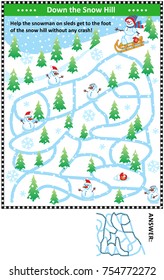 Winter maze game: Help the snowman on sleds get to the foot of the snow hill without any crash! Answer included.