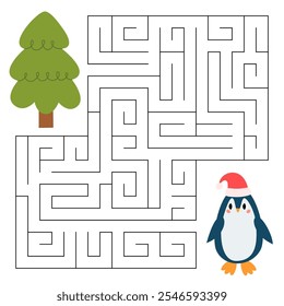 Winter maze game for kids. Cute penguin looking for a way to the christmas tree. Printable worksheet with solution for school and preschool. Vector cartoon illustration.