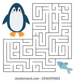 Winter maze game for kids. Cute penguin looking for a way to the fish. Printable worksheet with solution for school and preschool. Vector cartoon illustration.