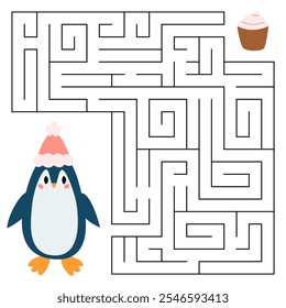 Winter maze game for kids. Cute penguin looking for a way to the cupcake. Printable worksheet with solution for school and preschool. Vector cartoon illustration.