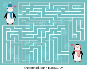 Winter maze game for kids. Help the penguin find the right way to his girlfriend. Valentine's Day. Arctic animals. Flat style vector illustration.