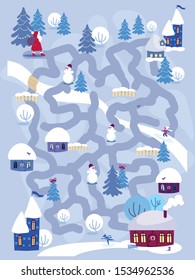 Winter maze, hidden object the lost and found, Christmas illustration for children