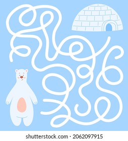 Winter maze for kids. A cute white polar bear is looking for a way to the igloo.