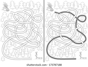 Winter maze for kids with a solution in black and white