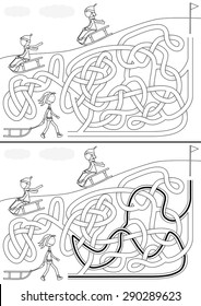 Winter maze for kids with a solution in black and white