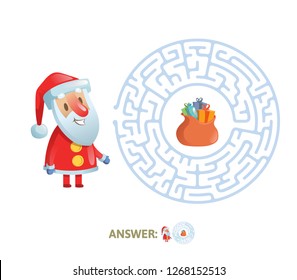 Winter Maze Labyrinth Game with answer. Help Santa find the way out of the Labyrinth. Colorful flat vector illustration. Isolated on white background.