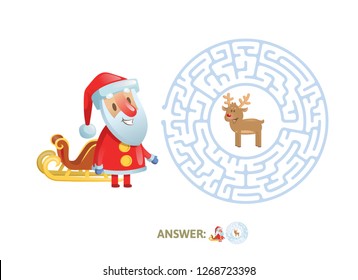 Winter Maze Labyrinth Game with answer. Help Santa find the way out of the Labyrinth. Colorful flat vector illustration. Isolated on white background.