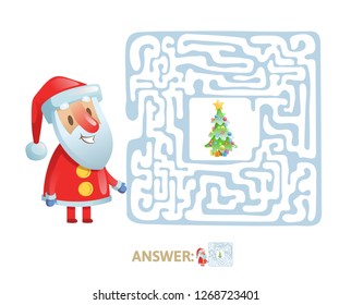 Winter Maze Labyrinth Game with answer. Help Santa find the way out of the Labyrinth. Colorful flat vector illustration. Isolated on white background.