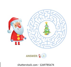 Winter Maze Labyrinth Game with answer. Help Santa find the way out of the Labyrinth. Colorful flat vector illustration. Isolated on white background.