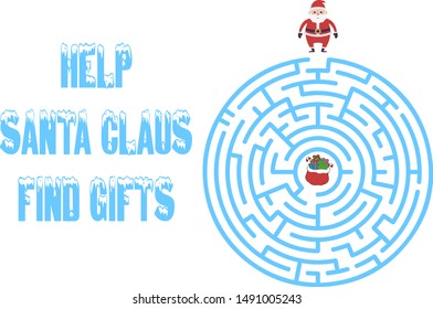 Winter Maze Labyrinth Game with answer. Help Santa find the way out of the Labyrinth. Colorful flat vector illustration.