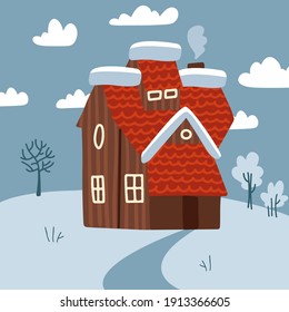 Winter meadow landscape scenic with small house with chimney smoke. Snow terrain with trees and clouds.. Flat style vector illustration