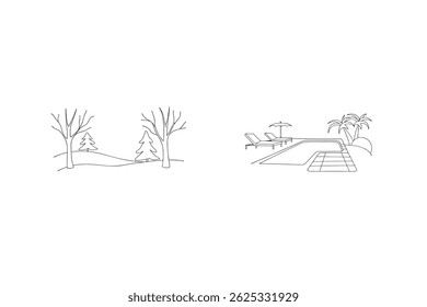 Winter Meets Summer Season Vacation Contrast Landscape Drawing Vector Illustration
