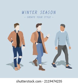 Estilo de los hombres de invierno, personajes bonitos y de moda. Hombres con ilustraciones de ropa de otoño.