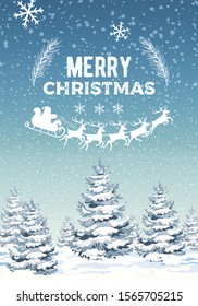 Winter merry christmas composition with pine trees covered in snow. Santa with reindeer sledge. Blizzard. Vector