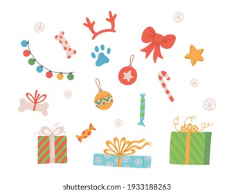 Winter merry christmas for dogs. Set of decorations elements new year tree for cute pet, holiday gifts to domestic animals. Flat cartoon vector illustration isolated on white.