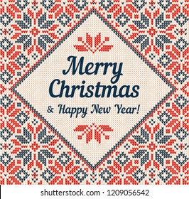 Winter Merry Christmas Frame Border Poster Invitation Ugly Sweater Greeting Card Template. Vector illustration knitted background pattern with snowflakes, scandinavian ornament. White, red, blue color