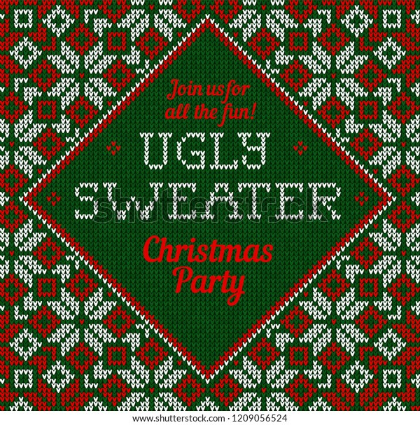 ウィンターメリークリスマスフレームボーダーポスター招待状醜いセーターグリーティングカードテンプレート 雪片 北欧 の装飾のベクターイラスト ニットの背景パターン 白 赤 緑の色 のベクター画像素材 ロイヤリティフリー