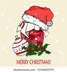  winter, Merry Christmas and Happy New year hand drawn vector card with a jar of raspberry jam  and Christmas ball, Santa hat, Holly.
Fruit Jelly and marmalade. Hand drawn food illustration.