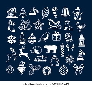 Winter Merry Christmas , Happy New Year Objects Decoration Design Elements Items set collection for your Xmas design in white, including christmas tree, balls, presents, latern, candle, animals sleigh