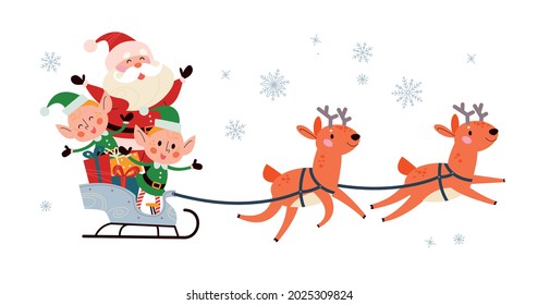 Winter Merry Christmas holiday illustration with funny Santa Claus character and his reindeer sleigh fly isolated. Vector flat cartoon illustration. For card, banner, flayer, invitation, poster.