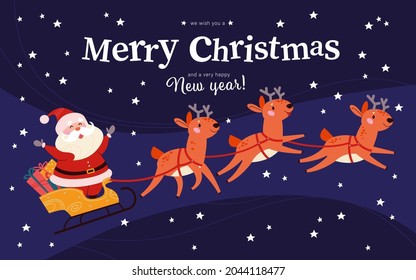 Winter Merry Christmas holiday illustration with funny Santa Claus character, his reindeer sleigh fly at night isolated. Vector flat cartoon illustration for card, banner, flayer, invitation, poster.