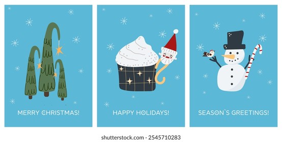 Winter, Merry Christmas and New Year vector card or poster illustration template with decorated spruce or fir tree, warm drink cup and snowman with bird. Happy Holidays. Seasons greetings inscription.