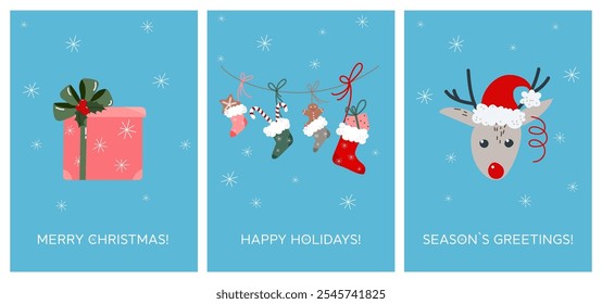 Winter, Merry Christmas and New Year vector card or poster illustration template with present or gift box, socks and deer in Santa hat. Happy Holidays. Seasons greetings inscription.