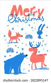 Winter Merry Christmas poster with cute animals in hand drawn silkscreen style. Vector Merry Christmas winter poster or card with cute animals characters celebrating holidays. 