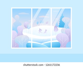 Winter Merry Christmas window with a view of the snowy forest. Holiday winter landscape. New Year vector background.