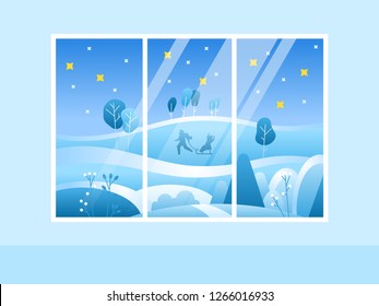 Winter Merry Christmas window with a view of the snowy forest. Holiday winter landscape. New Year vector background.