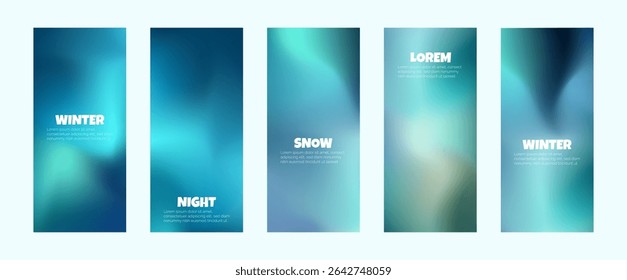 Winter mesh gradient vertical background in blue tones. Smooth mesh design with neon snow effect. Bright, minimal, cosmic and futuristic style for presentation, celebration, business, web. Vector set