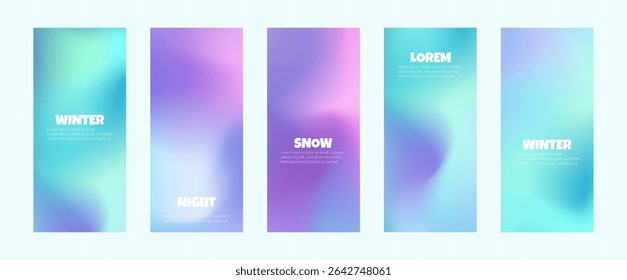 Winter mesh gradient vertical background in blue tones. Smooth mesh design with neon snow effect. Bright, minimal, cosmic and futuristic style for presentation, celebration, business, web. Vector set
